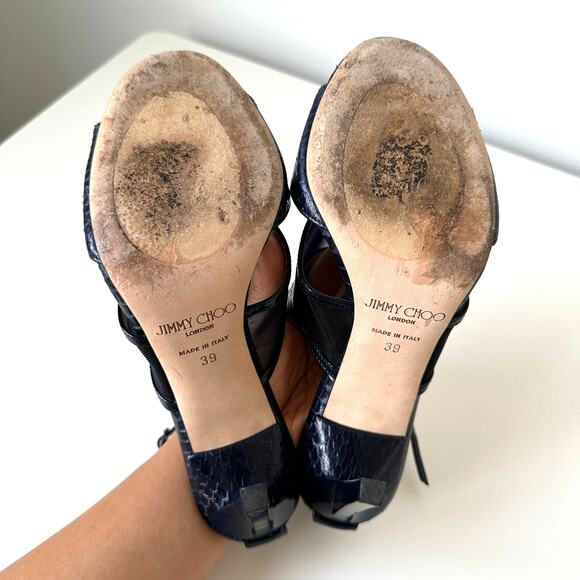 Jimmy Choo Timbus 100 Snakeskin Mesh Heel Sandal Navy Size 39 - Picture 12 of 16